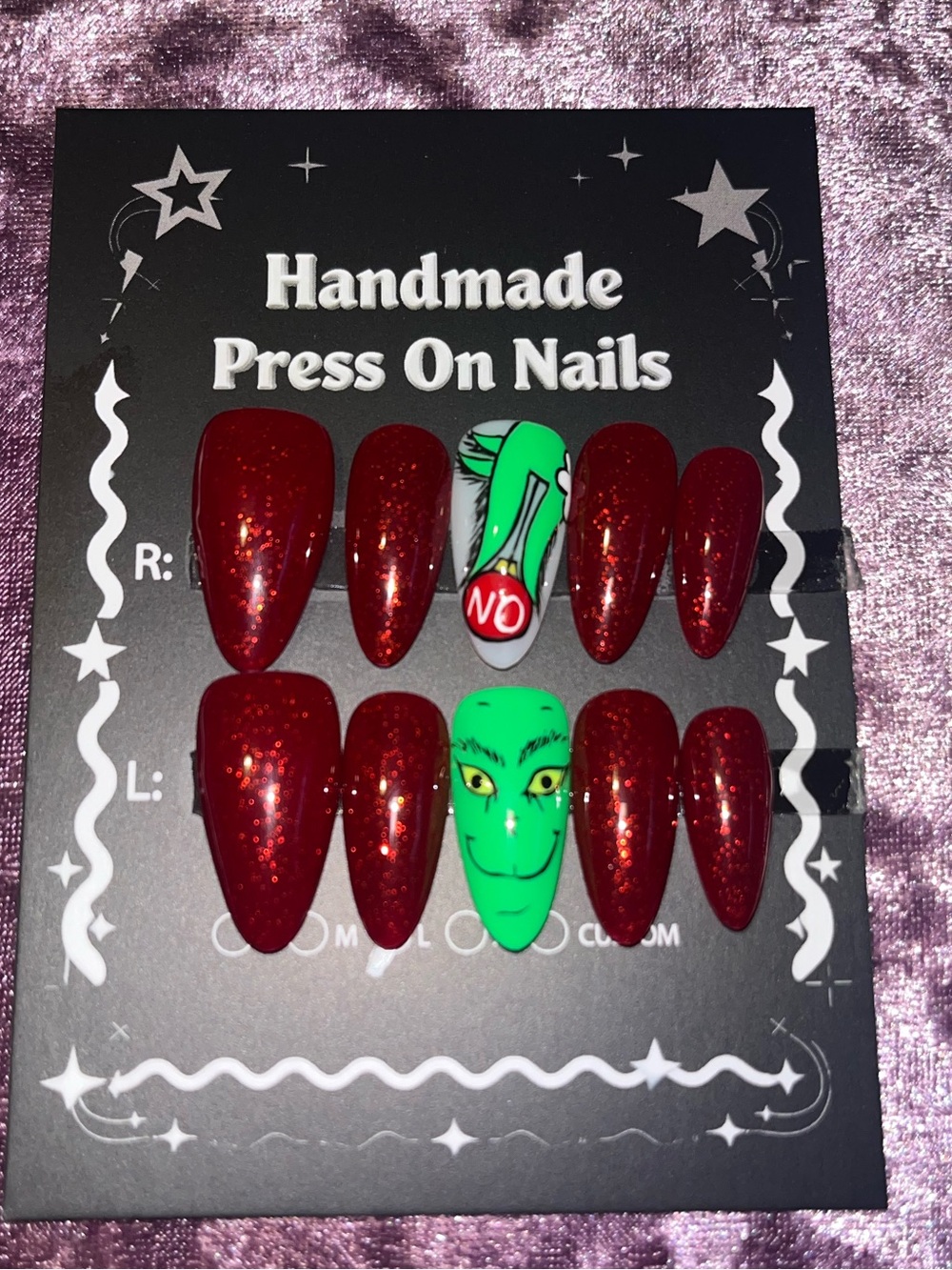 Handmade Red Glitter & Green Accent Press-On Nails